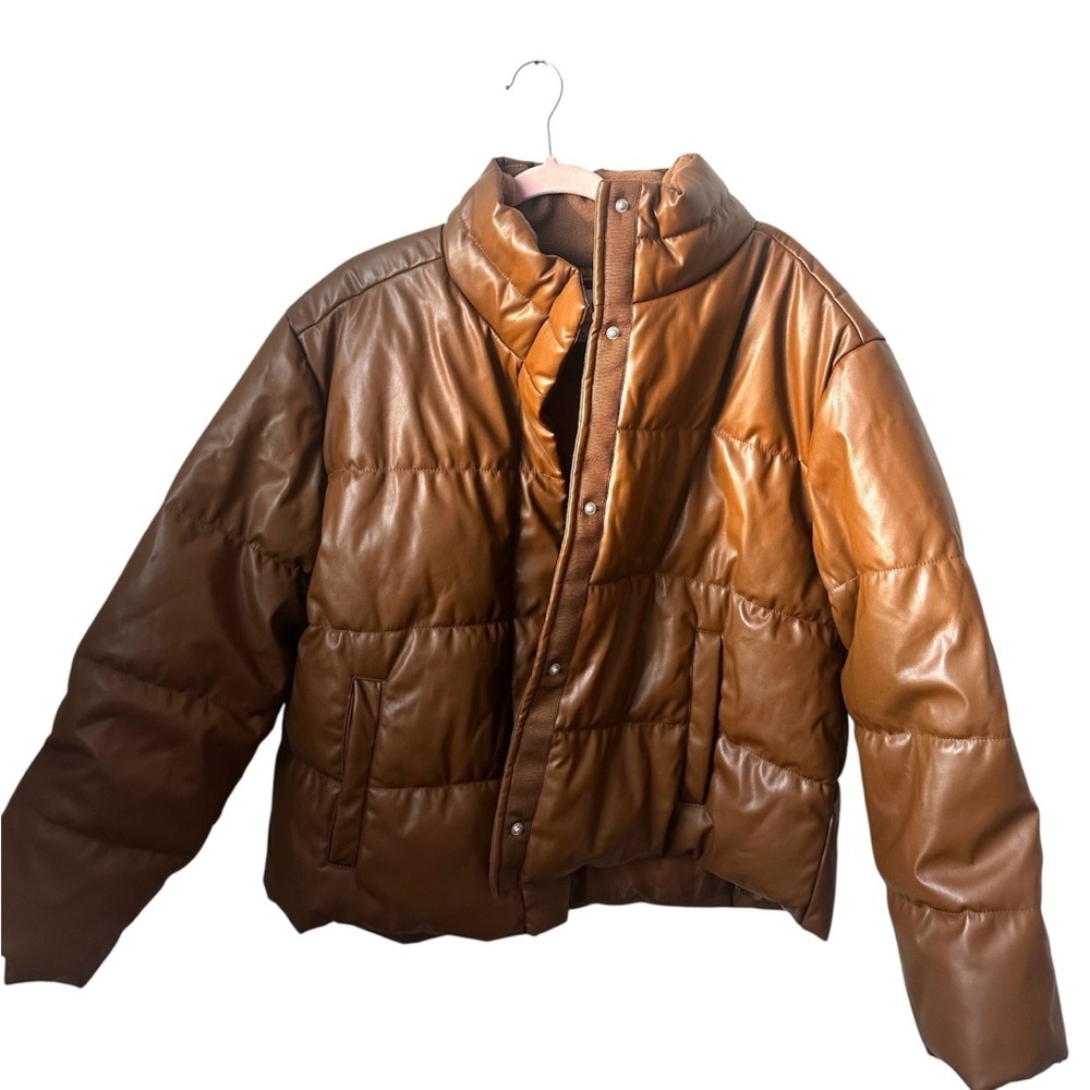 NWT GAP Women’s XL Carmel Brown Faux Leather Quilted Puffer Jacket Coat - Picture 1 of 8